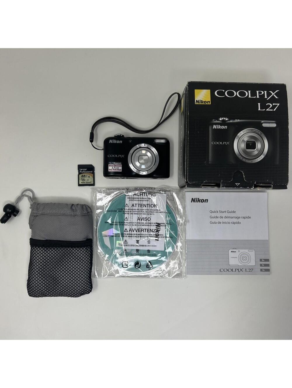Nikon COOLPIX L27 16.1MP Compact Digital Camera  - Black - Tested In Box 16GB SD